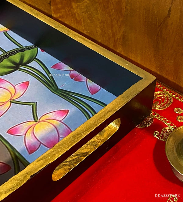 Pink Lotus Wooden Pooja Tray & Thali for Home Temple - D'DASS Store