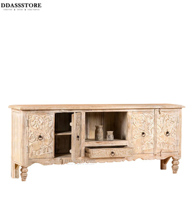Distressed Rustic Solid wood HandCarved TV cabinet with Storage - D'DASS Store