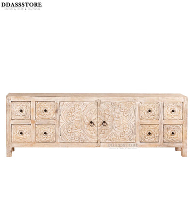 Distressed Rustic Solid wood HandCarved TV cabinet with Storage - D'DASS Store