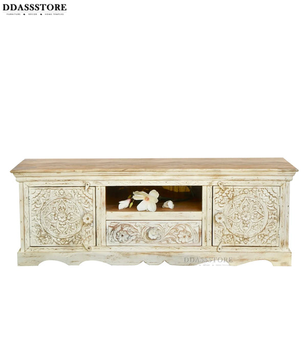 Distressed Rustic Solid wood HandCarved TV cabinet with Storage for Living Room - D'DASS Store
