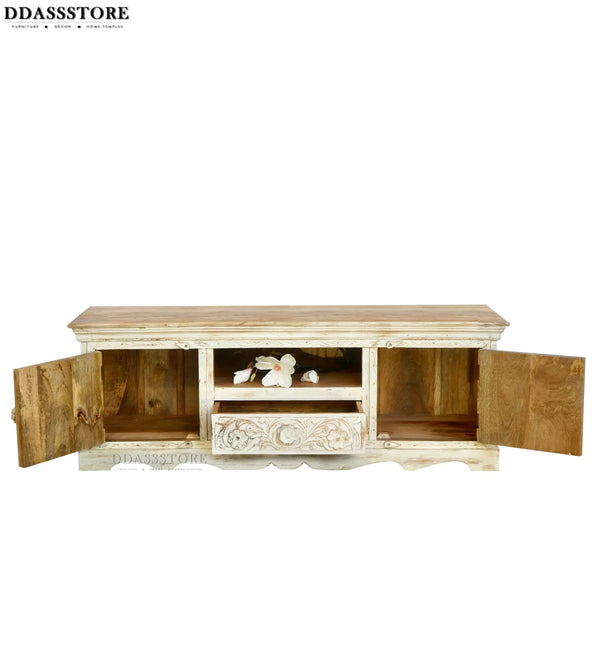 Distressed Rustic Solid wood HandCarved TV cabinet with Storage for Living Room - D'DASS Store