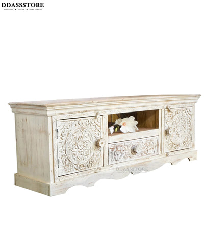 Distressed Rustic Solid wood HandCarved TV cabinet with Storage for Living Room - D'DASS Store