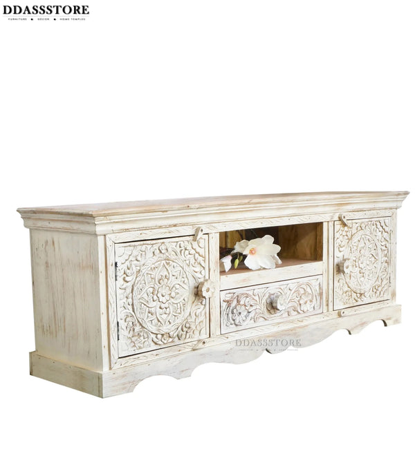 Distressed Rustic Solid wood HandCarved TV cabinet with Storage for Living Room - D'DASS Store