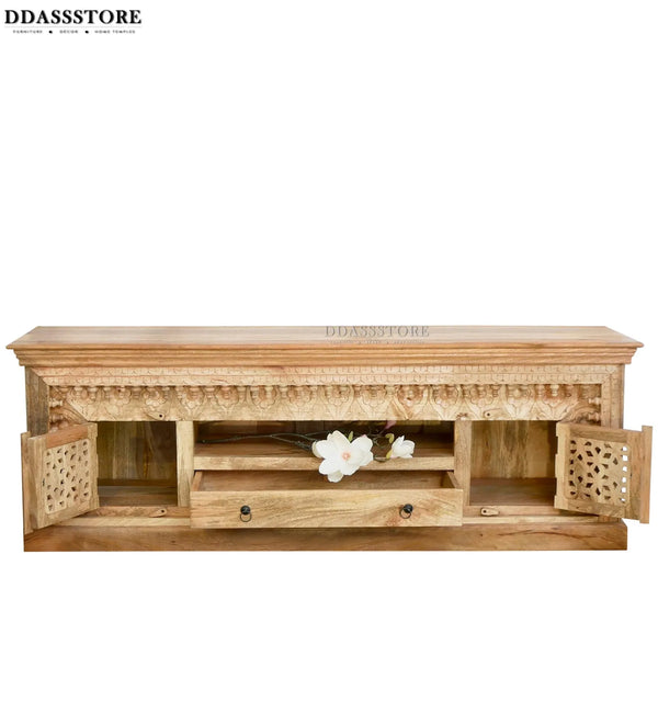 Distressed Rustic Solid wood HandCarved TV cabinet with Storage for Living Room - D'DASS Store