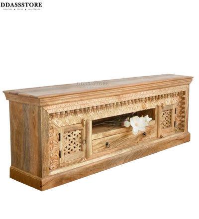 Distressed Rustic Solid wood HandCarved TV cabinet with Storage for Living Room - D'DASS Store