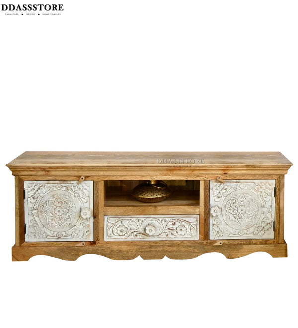Distressed Rustic Solid wood HandCarved TV cabinet with Storage for Living Room - D'DASS Store