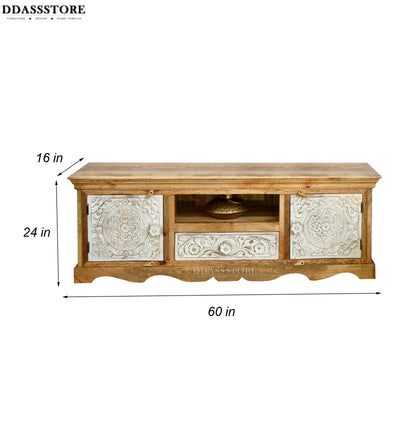 Distressed Rustic Solid wood HandCarved TV cabinet with Storage for Living Room - D'DASS Store