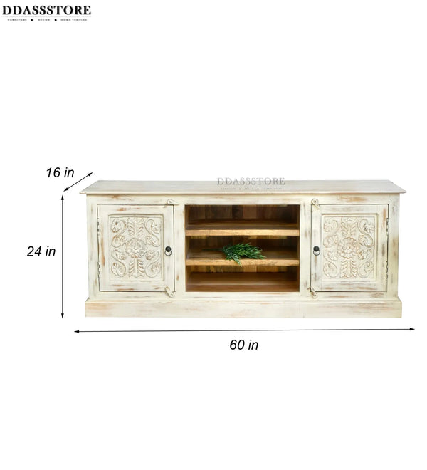 Distressed Rustic Solid wood HandCarved TV cabinet with Storage for Living Room - D'DASS Store
