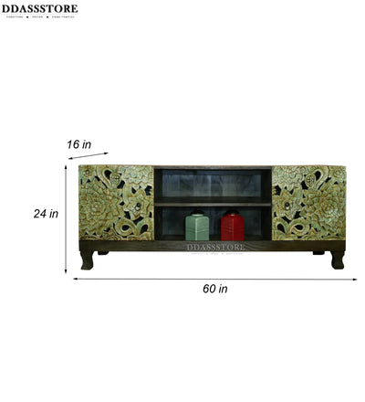 Distressed Rustic Solid wood HandCarved TV cabinet with Storage for Living Room - D'DASS Store