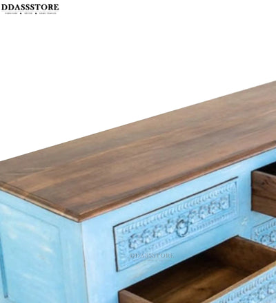 Distressed Blue Solid wood HandCarved TV cabinet with Storage for Living Room - D'DASS Store