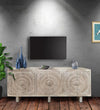 Distressed White Solid wood HandCarved TV cabinet with Storage for Living Room