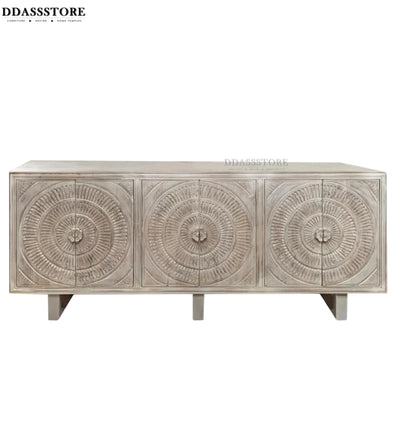 Distressed White Solid wood HandCarved TV cabinet with Storage for Living Room - D'DASS Store