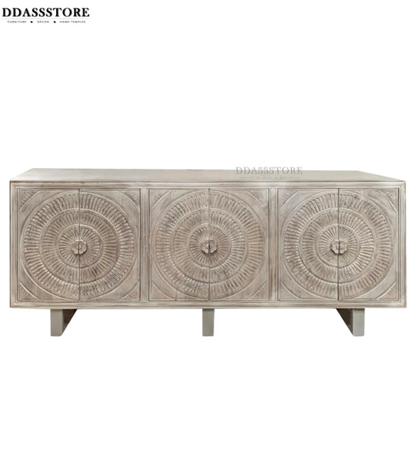 Distressed White Solid wood HandCarved TV cabinet with Storage for Living Room - D'DASS Store