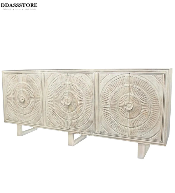 Distressed White Solid wood HandCarved TV cabinet with Storage for Living Room - D'DASS Store