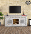 Distressed White Solid wood HandCarved TV cabinet with Storage for Living Room