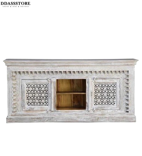 Distressed White Solid wood HandCarved TV cabinet with Storage for Living Room - D'DASS Store