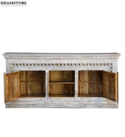 Distressed White Solid wood HandCarved TV cabinet with Storage for Living Room - D'DASS Store