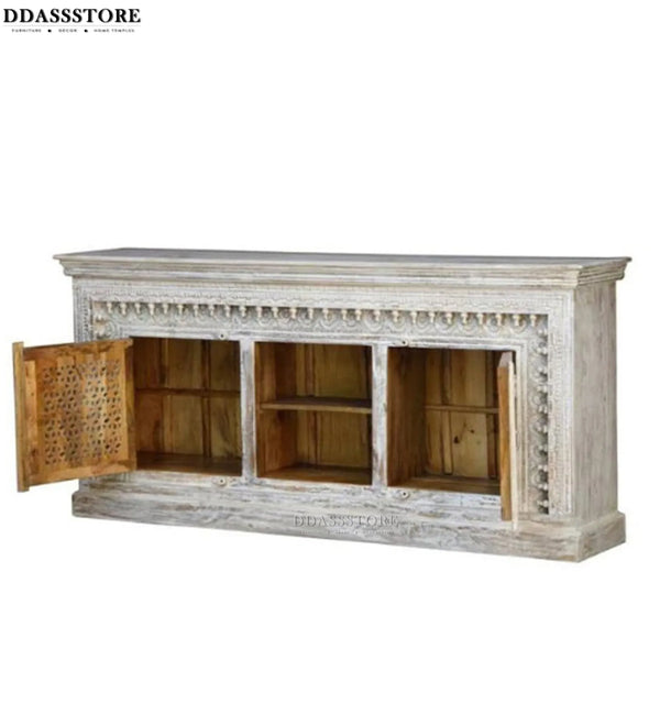 Distressed White Solid wood HandCarved TV cabinet with Storage for Living Room - D'DASS Store