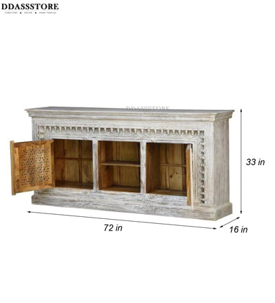 Distressed White Solid wood HandCarved TV cabinet with Storage for Living Room - D'DASS Store