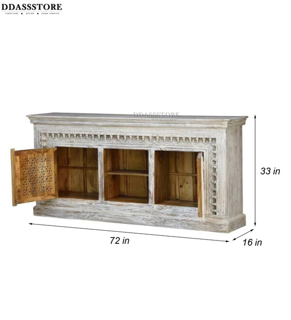 Distressed White Solid wood HandCarved TV cabinet with Storage for Living Room - D'DASS Store
