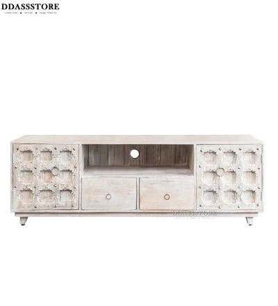 Distressed White Solid wood HandCarved TV cabinet with Storage for Living Room - D'DASS Store
