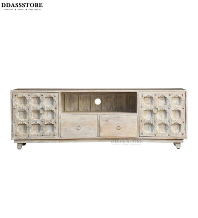 Distressed White Solid wood HandCarved TV cabinet with Storage for Living Room - D'DASS Store