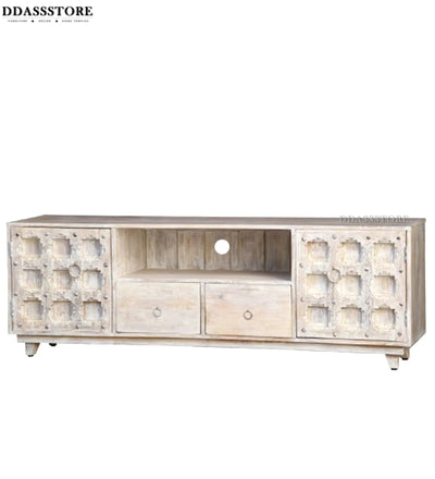 Distressed White Solid wood HandCarved TV cabinet with Storage for Living Room - D'DASS Store