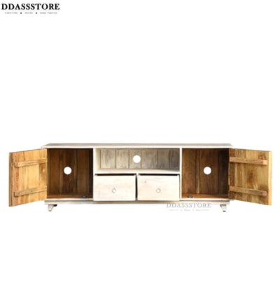 Distressed White Solid wood HandCarved TV cabinet with Storage for Living Room - D'DASS Store