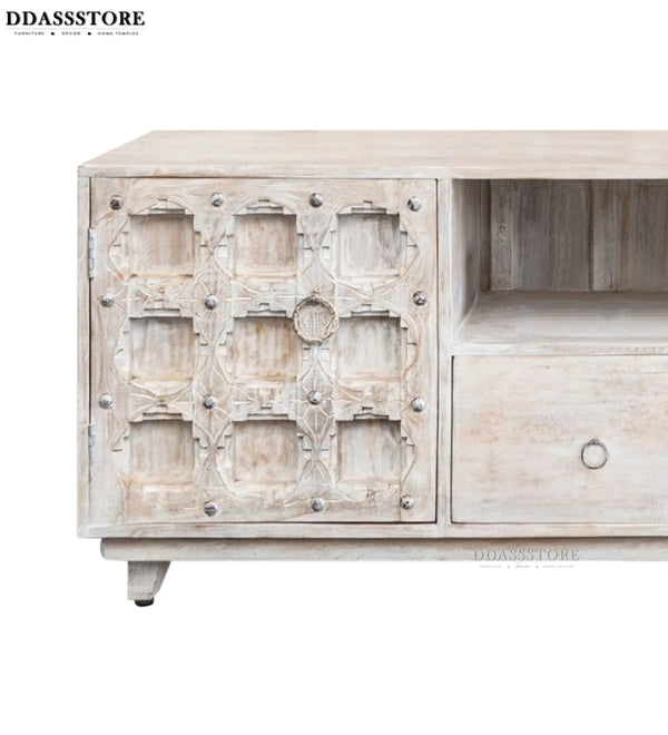 Distressed White Solid wood HandCarved TV cabinet with Storage for Living Room - D'DASS Store