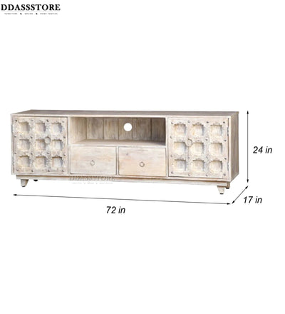Distressed White Solid wood HandCarved TV cabinet with Storage for Living Room - D'DASS Store