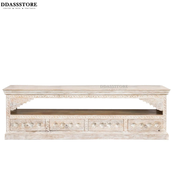 Distressed White Solid wood HandCarved TV cabinet with Storage for Living Room - D'DASS Store