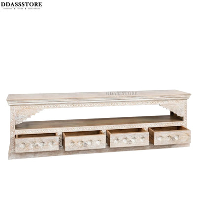Distressed White Solid wood HandCarved TV cabinet with Storage for Living Room - D'DASS Store