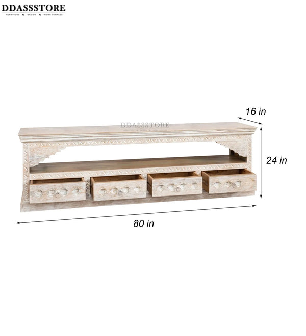 Distressed White Solid wood HandCarved TV cabinet with Storage for Living Room - D'DASS Store
