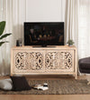 Distressed White Solid wood HandCarved TV cabinet with Storage for Living Room