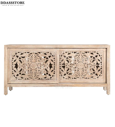 Distressed White Solid wood HandCarved TV cabinet with Storage for Living Room