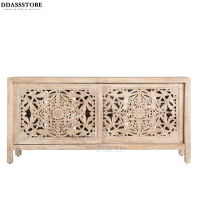 Distressed White Solid wood HandCarved TV cabinet with Storage for Living Room - D'DASS Store