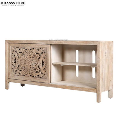 Distressed White Solid wood HandCarved TV cabinet with Storage for Living Room