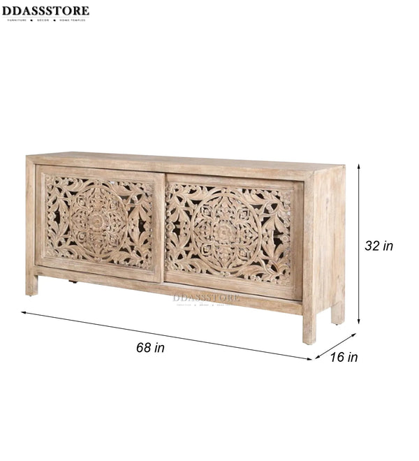 Distressed White Solid wood HandCarved TV cabinet with Storage for Living Room - D'DASS Store