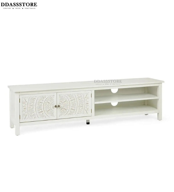 Distressed White Solid wood HandCarved TV cabinet with Storage for Living Room - D'DASS Store