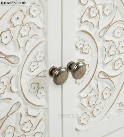 Distressed White Solid wood HandCarved TV cabinet with Storage for Living Room - D'DASS Store