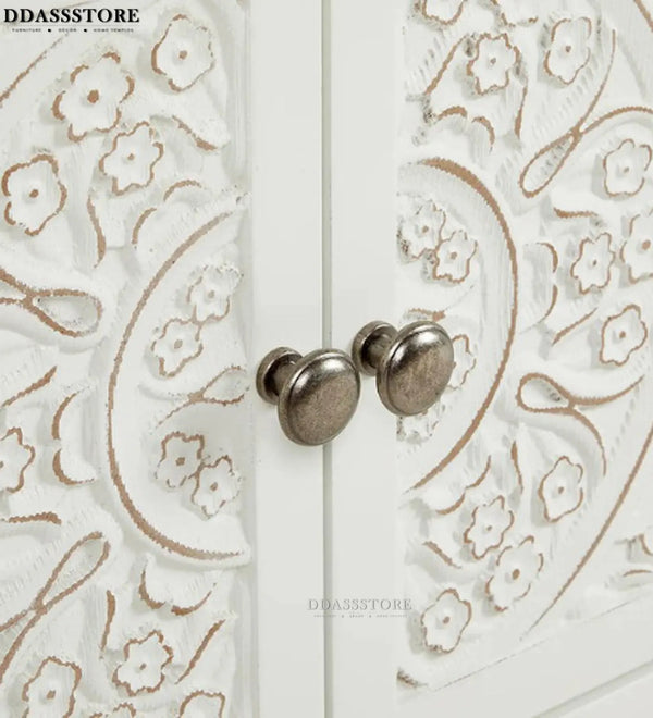 Distressed White Solid wood HandCarved TV cabinet with Storage for Living Room - D'DASS Store