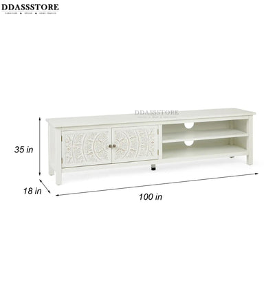 Distressed White Solid wood HandCarved TV cabinet with Storage for Living Room