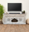 Distressed White Solid wood HandCarved TV cabinet with Storage for Living Room