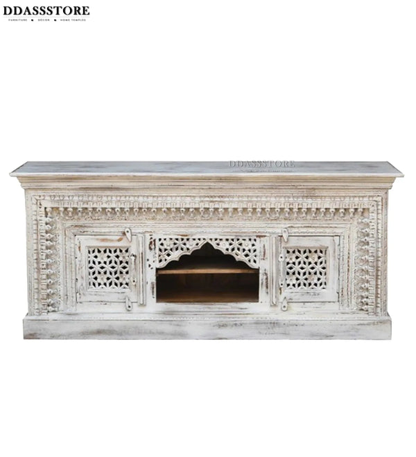 Distressed White Solid wood HandCarved TV cabinet with Storage for Living Room - D'DASS Store
