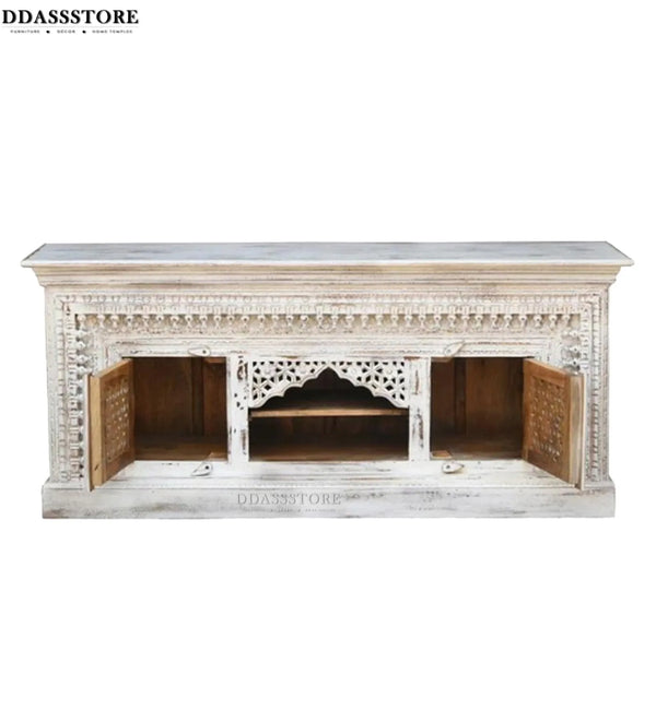 Distressed White Solid wood HandCarved TV cabinet with Storage for Living Room - D'DASS Store