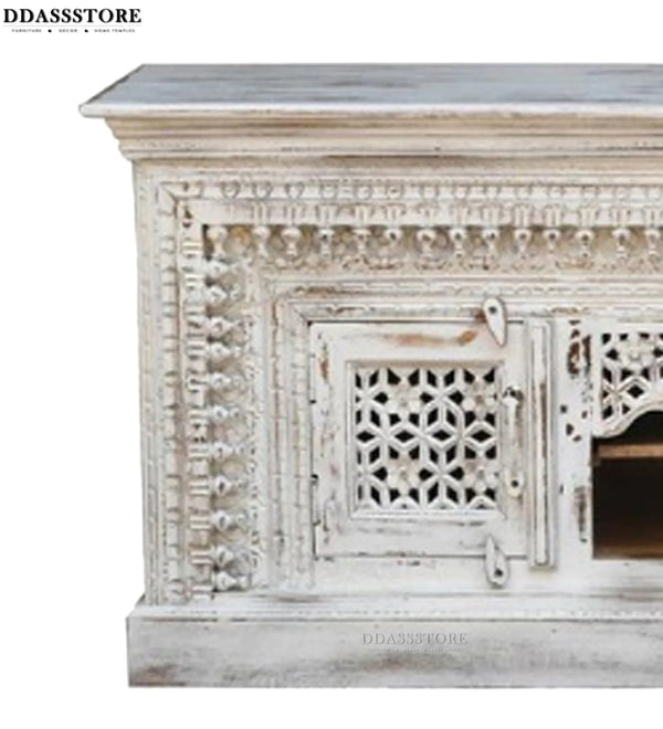 Distressed White Solid wood HandCarved TV cabinet with Storage for Living Room - D'DASS Store