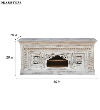 Distressed White Solid wood HandCarved TV cabinet with Storage for Living Room