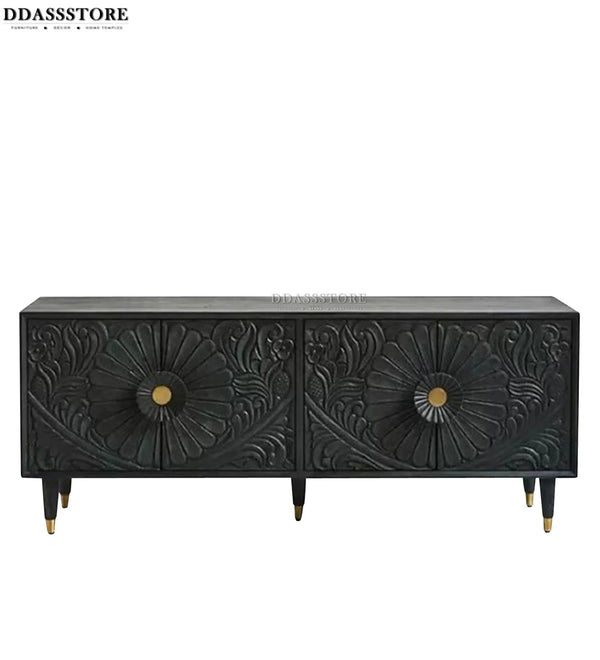 Distressed Black Solid wood HandCarved TV cabinet with Storage for Living Room - D'DASS Store