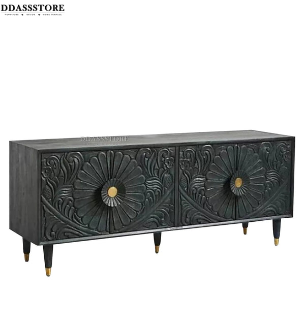 Distressed Black Solid wood HandCarved TV cabinet with Storage for Living Room - D'DASS Store