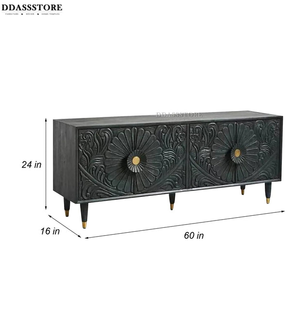 Distressed Black Solid wood HandCarved TV cabinet with Storage for Living Room - D'DASS Store